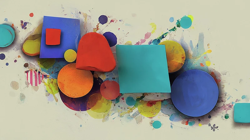 Abstract whimsical illustration blending hand-drawn paint splashes with bold geometric shapes, representing adding personality to language.