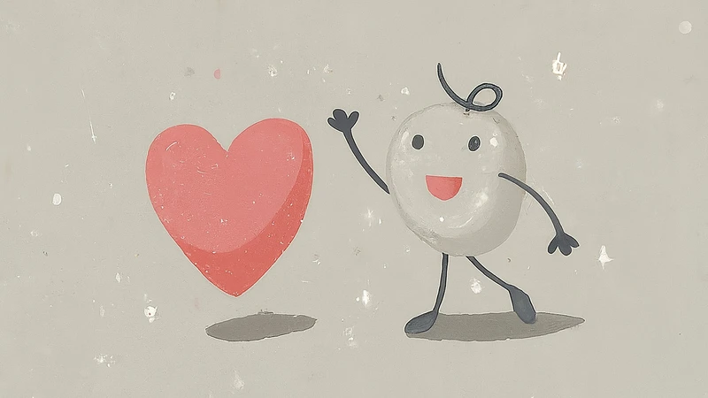 Whimsical hand-drawn character expressing enthusiasm next to a bold geometric heart, illustrating strong liking.
