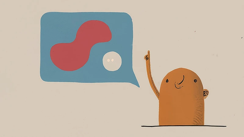 Hand-drawn character pointing upwards thoughtfully towards a geometric thought bubble, illustrating giving an opinion.