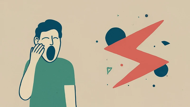 Hand-drawn character yawning widely with geometric Z shapes floating nearby, illustrating sleepiness.