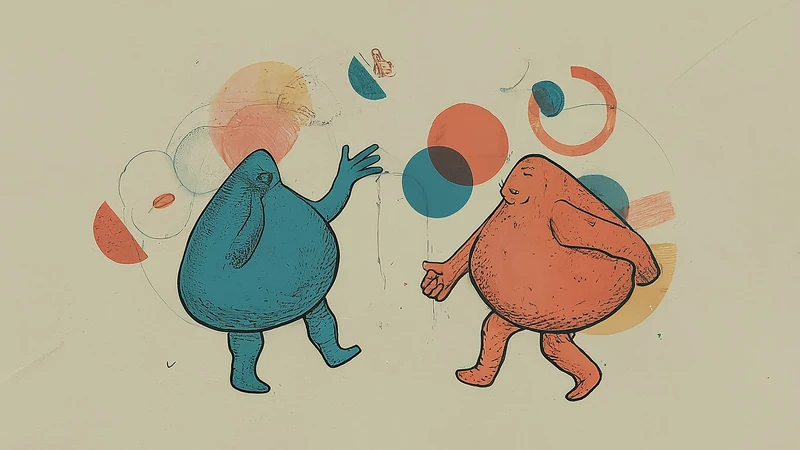 Two hand-drawn figures in conversation with geometric shapes indicating connection, representing practice.