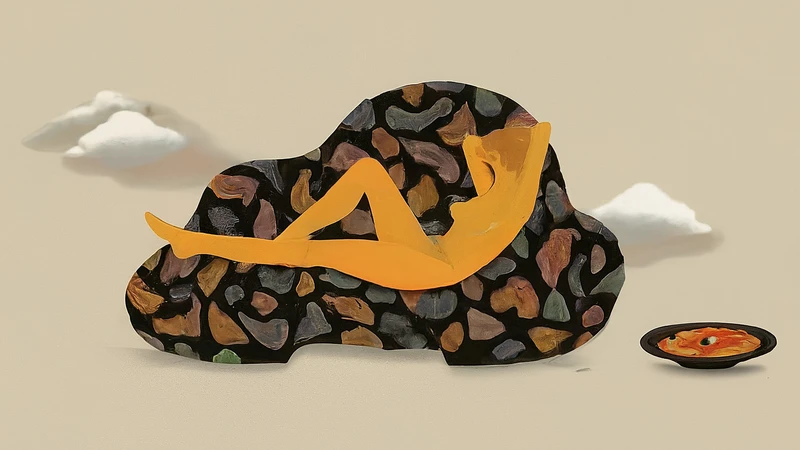 Whimsical illustration of a person relaxing in a geometric chair, feeling the 'Abbiocco' after a meal