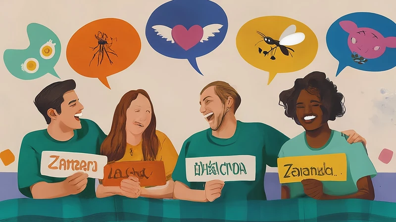 Illustration of diverse language learners laughing at Italian flashcards with words like Zanzara and Abbiocco