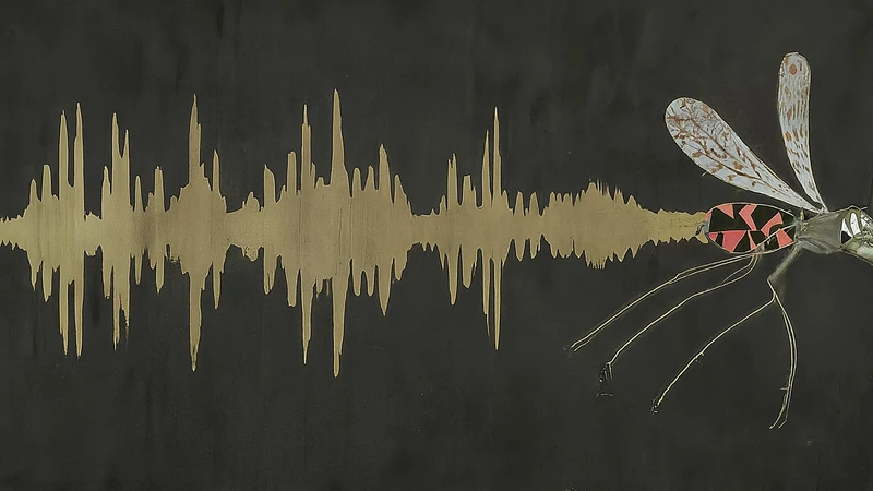 Whimsical illustration of the word Zanzara turning into a buzzing mosquito with geometric wings