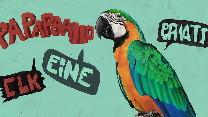 Quirky hand-drawn parrot with geometric patterns saying 'Pappagallo'