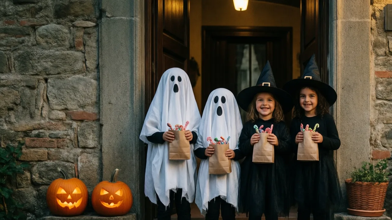 Costumed children trick-or-treating at an Italian doorstep at dusk