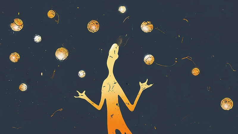 Figure juggling glowing orbs representing the process of learning idioms