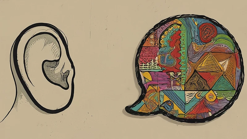 Stylized ear listening to a speech bubble with geometric patterns, representing cultural meaning