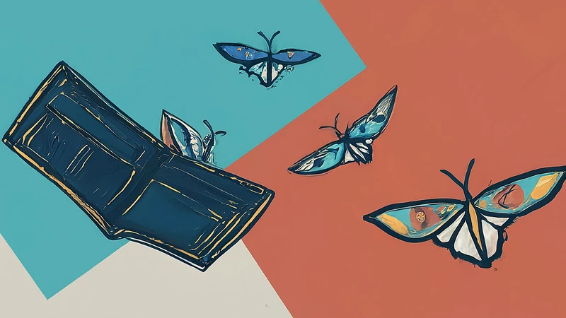 Stylized empty wallet with geometric moths flying out, representing 'essere al verde'