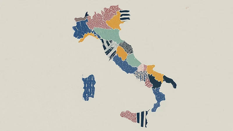 Patchwork map of Italy with diverse patterns, symbolizing regional idiom variations