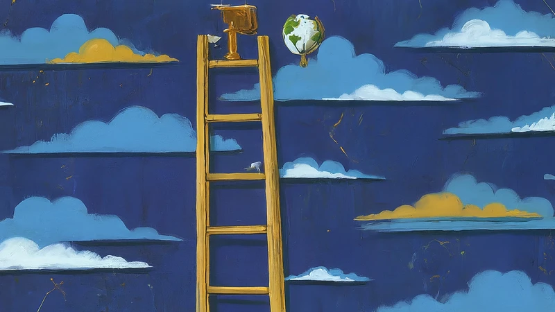 Illustration of a ladder reaching towards clouds labeled 'Opportunities', with icons of Italian industries (fashion, food, engineering) on the rungs, showing career benefits.