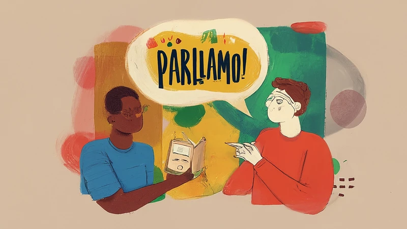 Whimsical illustration of two people connecting over an Italian phrasebook, symbolizing personal growth and connection through language learning.