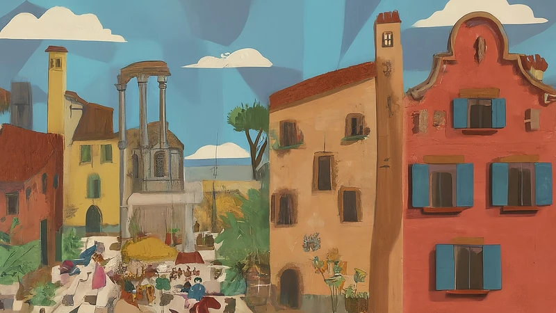 Whimsical illustration showing the Colosseum transforming into musical notes with geometric accents.
