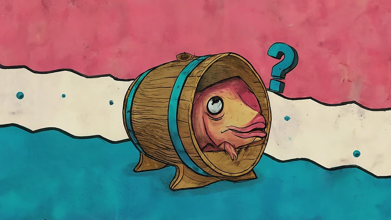 Whimsical illustration of a fish in a barrel feigning ignorance, representing the idiom 'fare il pesce in barile'.