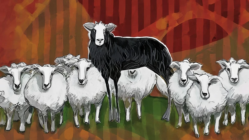 Stylized illustration of a black sheep standing out amongst white geometric circles representing other sheep, symbolizing the 'pecora nera' idiom.