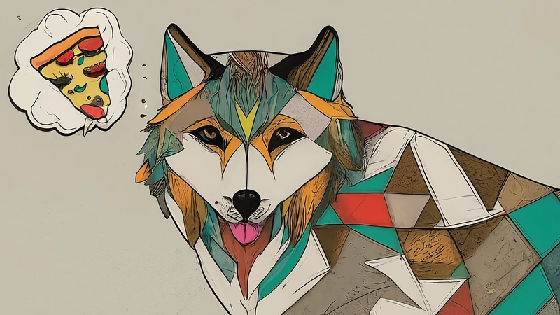 Whimsical illustration of a very hungry wolf with geometric patterns, representing the idiom 'avere una fame da lupi'.