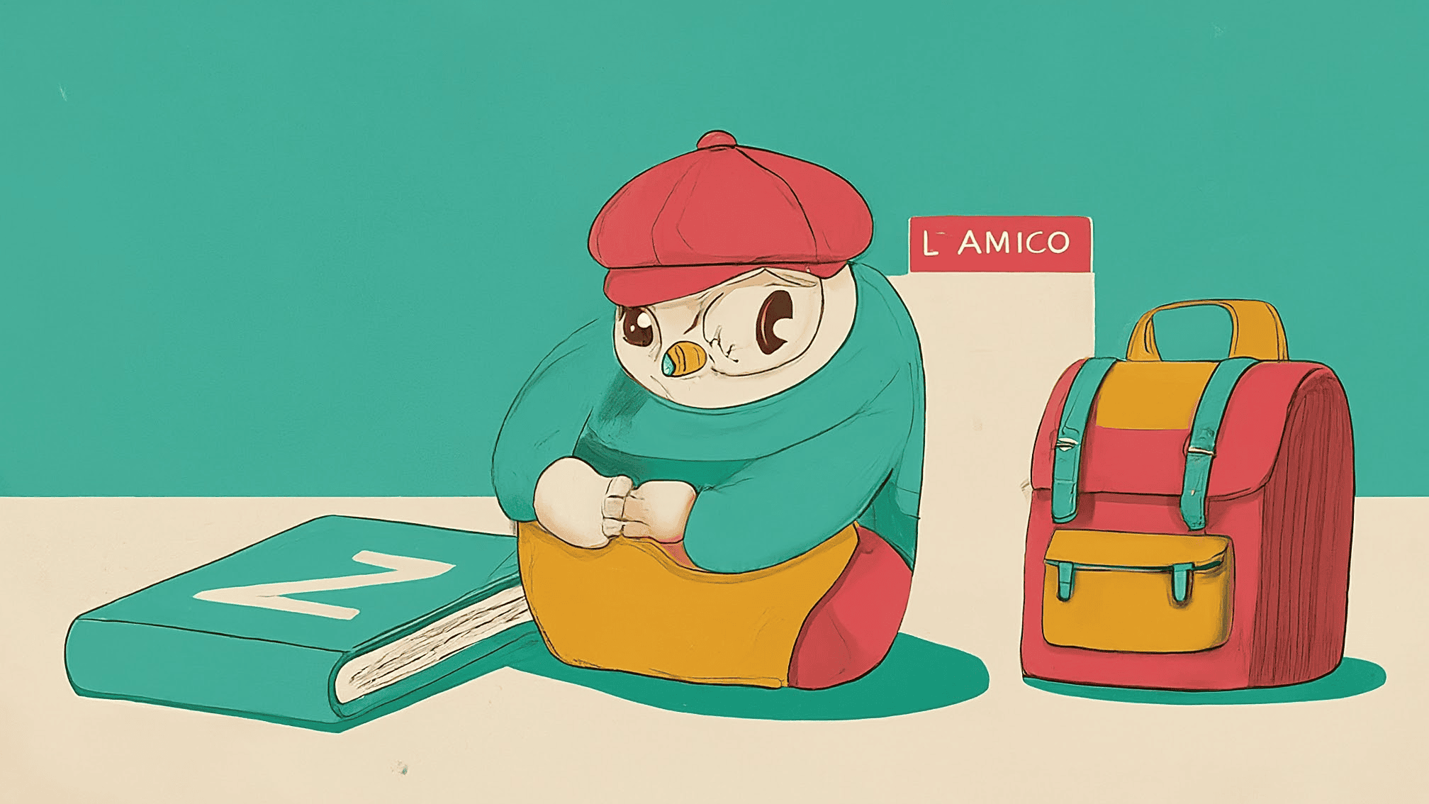 Whimsical illustrations of specific items labelled with singular definite articles: book (IL), backpack (LO), eye (L'), house (LA), island (L').