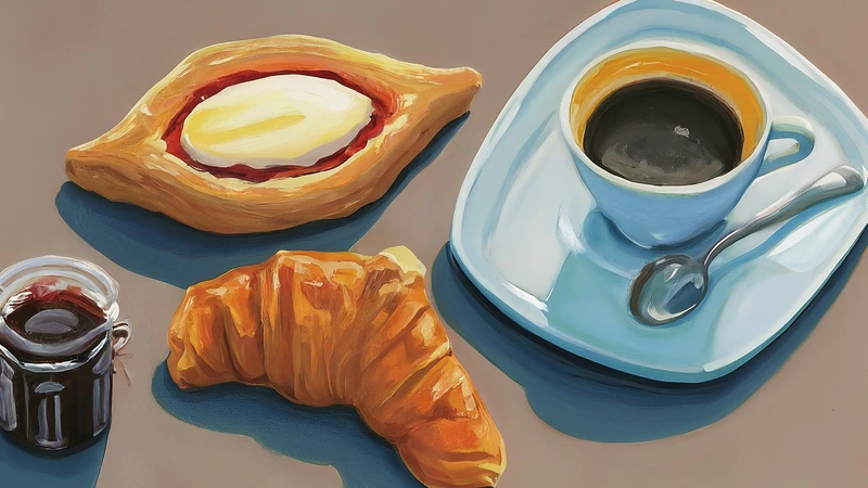 Whimsical hand-drawn illustration of a steaming cappuccino and cornetto pastry
