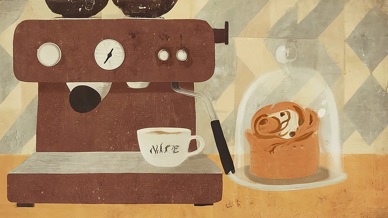 Whimsical hand-drawn illustration showcasing different types of Italian cornetti: plain, custard-filled, and chocolate-filled