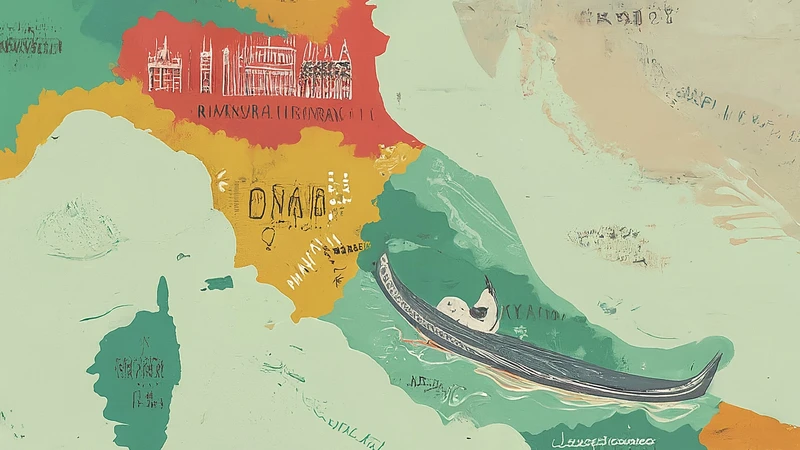 Whimsical illustrated map showing stylistic differences between Lombard and Venetian dialects