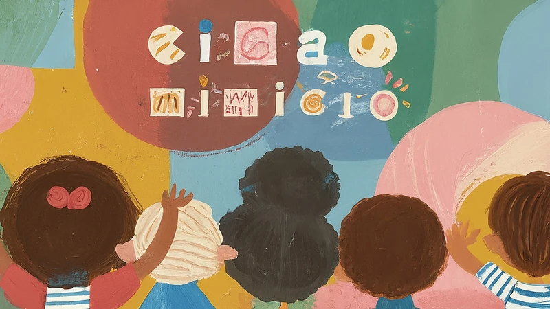 Illustration of children learning Italian visually from a screen with whimsical words floating out.