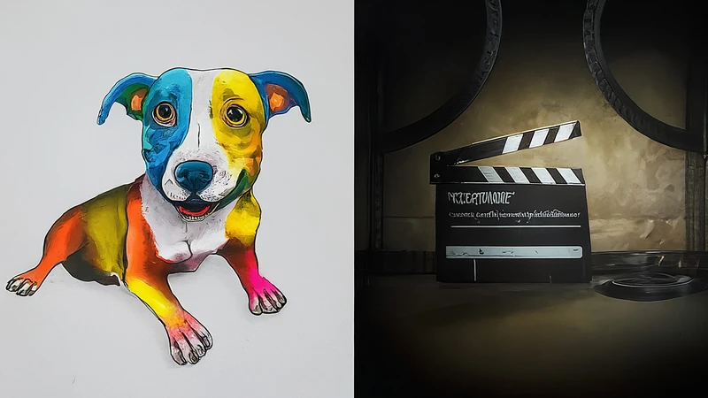 Visual contrast between simple cartoons suitable for children and complex film imagery.