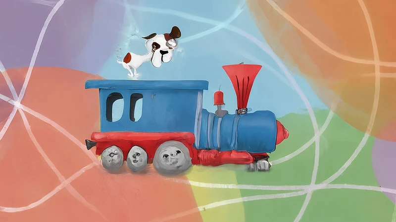 Illustration featuring Italian cartoon characters Pimpa and the Blue Arrow train.