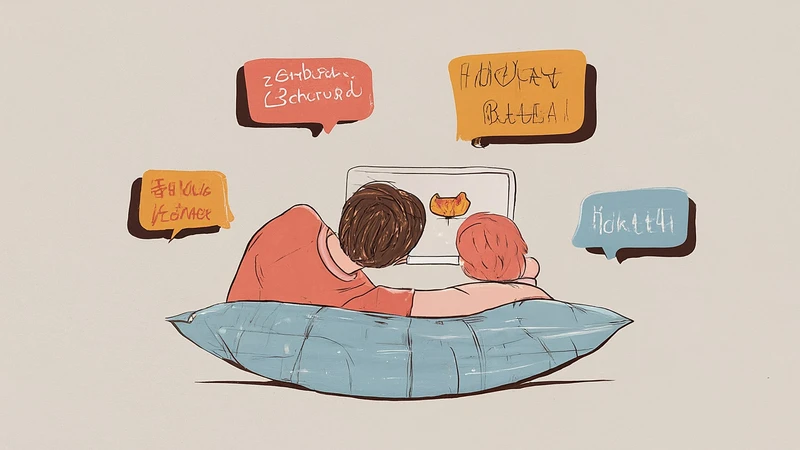 Illustration of parent and child learning Italian together using a tablet with interactive word bubbles.