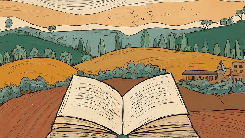 Whimsical scrolls and books representing Italian literature history