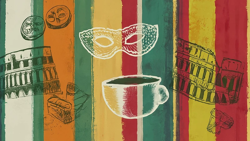 Playful icons of Italian culture: Colosseum, pasta, opera mask