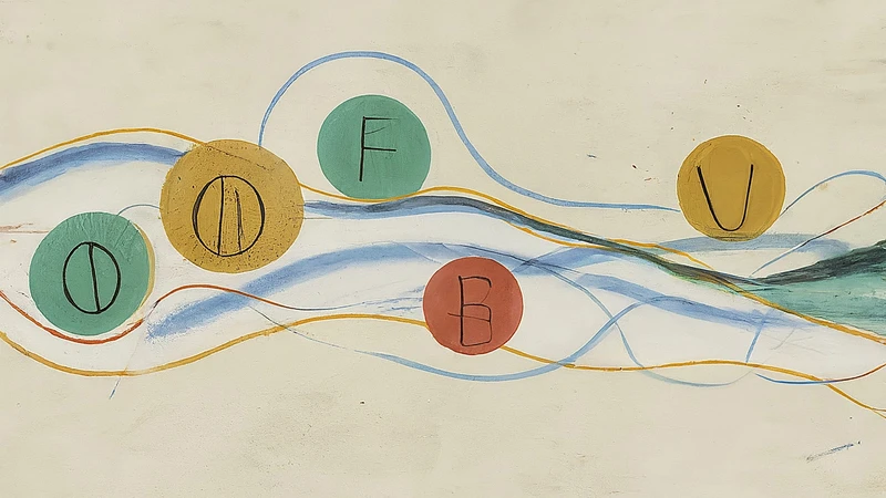 Whimsical illustration showing Italian vowels A, E, I, O, U as distinct shapes floating like musical notes amidst sound waves and geometric patterns.