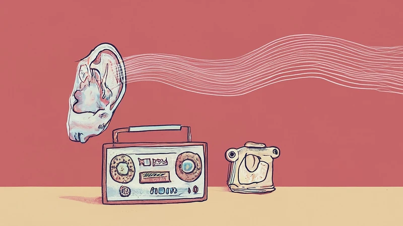 Illustration showing pronunciation practice: a hand-drawn ear listening to sound waves and a mouth carefully forming vowel sounds, with a recorder nearby.