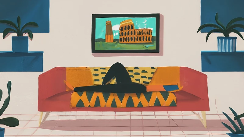 Whimsical illustration of person watching Italian TV shows on a sofa