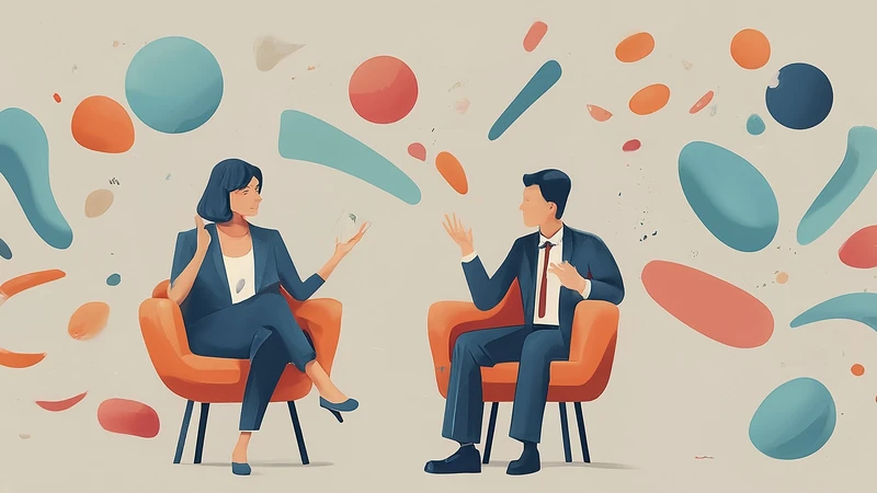 Abstract illustration of an Italian talk show set with host and guest