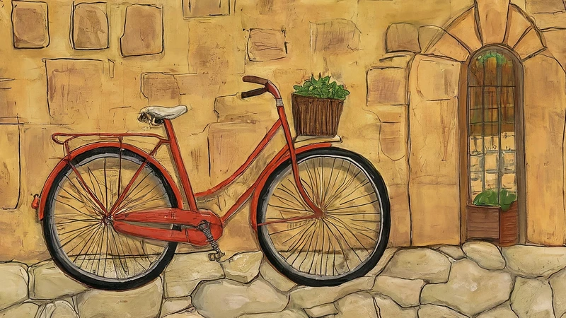 Stylized illustration of a bicycle in an Italian village square