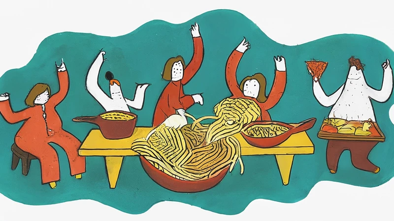 Whimsical drawing of a chaotic Italian family dinner