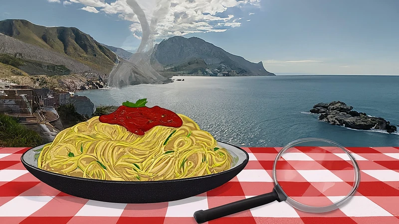Illustration of spaghetti and magnifying glass, hinting at Sicilian detective