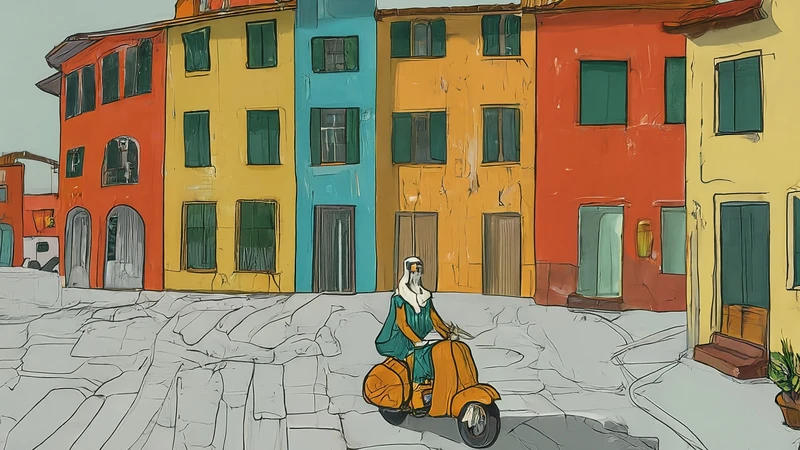 Whimsical illustration of a cool nun riding a scooter