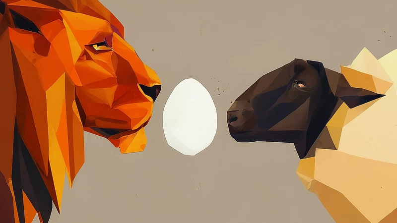 Geometric lion head contrasts with hand-drawn sheep holding geometric egg