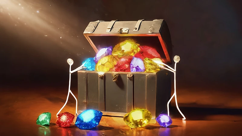 Hand-drawn figures opening treasure chest filled with geometric gems