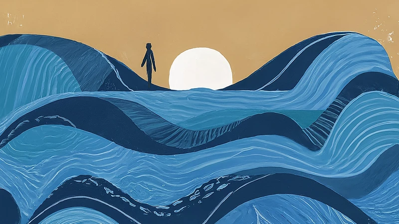 Figure looking across geometric sea towards distant abstract goal