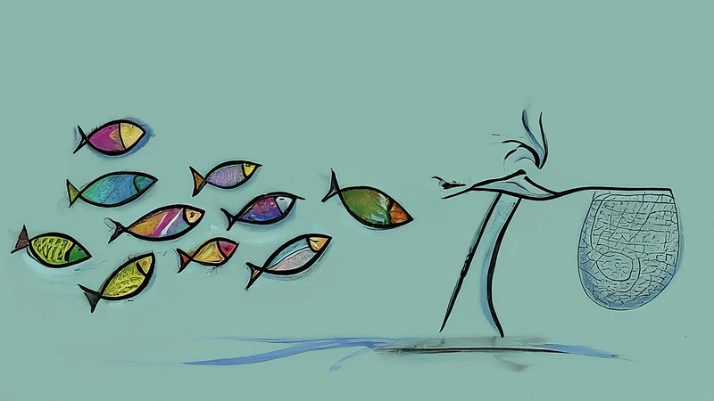 Hand-drawn figure casting geometric net for stylized fish