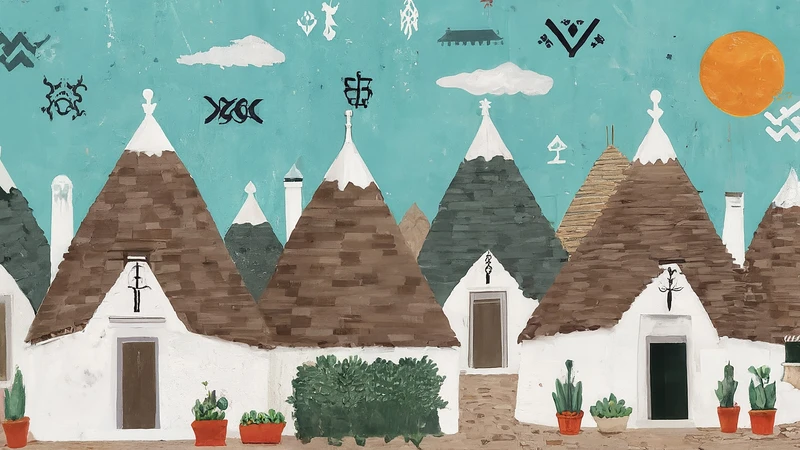 Whimsical illustration of Alberobello's trulli houses with geometric sky.