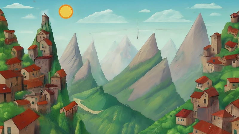 Illustrated Castelmezzano village in geometric mountains with zip-line.