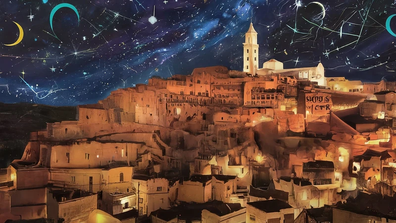Whimsical illustration of Sassi di Matera cave dwellings at night.