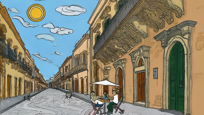 Whimsical illustration of a Baroque street scene in Noto, Sicily.