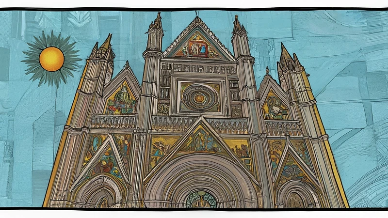 Illustrated facade of the Orvieto Duomo with geometric accents.