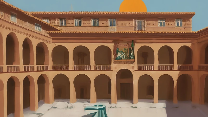 Illustrated view of Palazzo Ducale in Urbino with geometric accents.