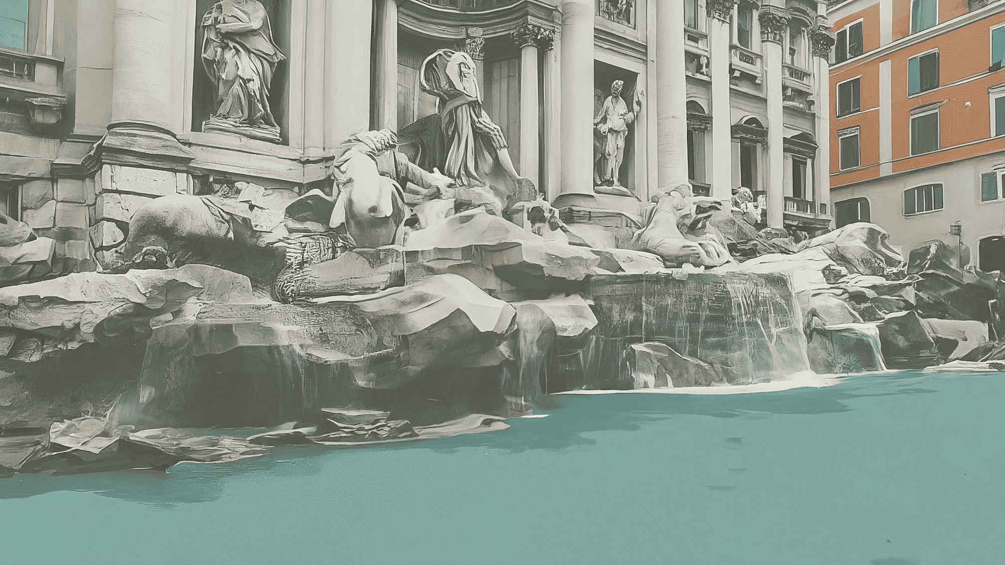 Playful, sophisticated illustration inspired by Fellini's La Dolce Vita, perhaps hinting at the Trevi Fountain scene.