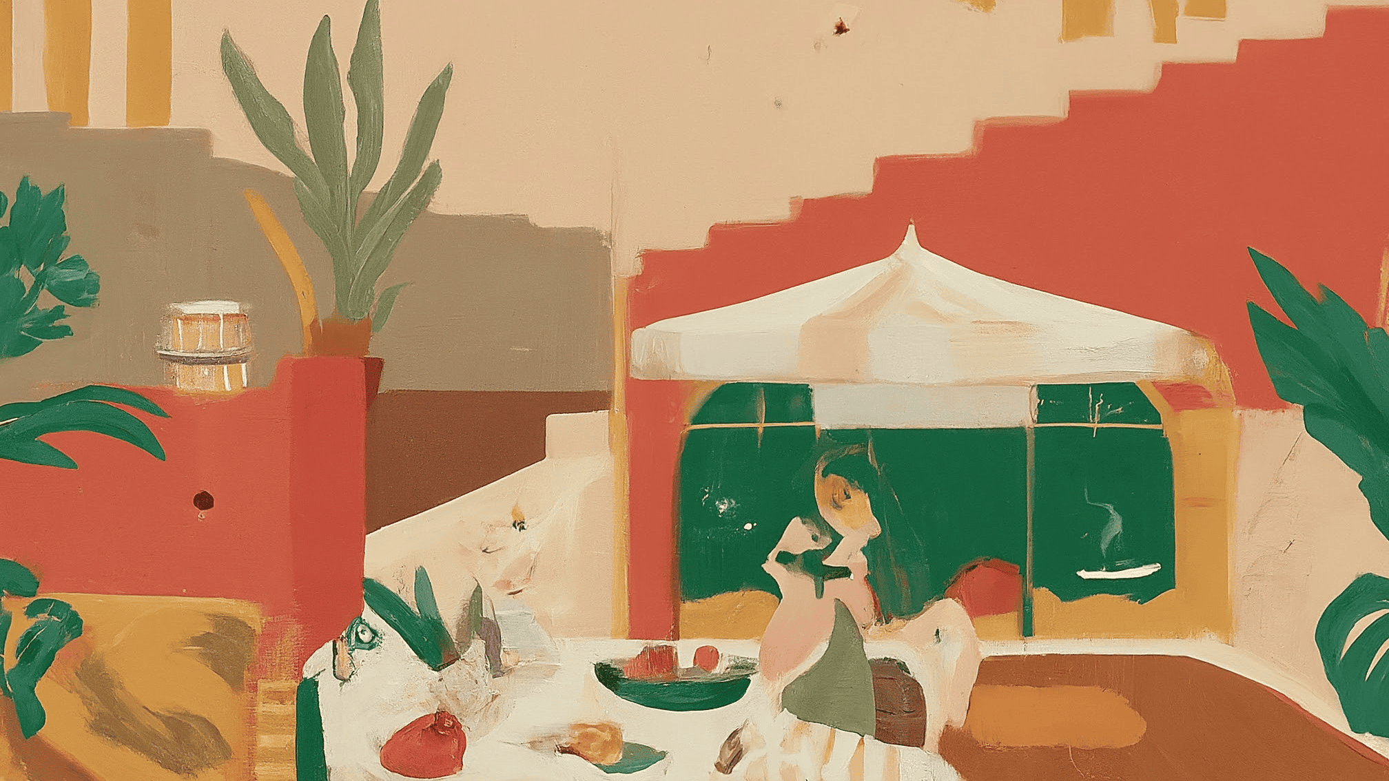 Artistic illustration blending simple pleasures like coffee and pasta with geometric shapes representing Italian life.
